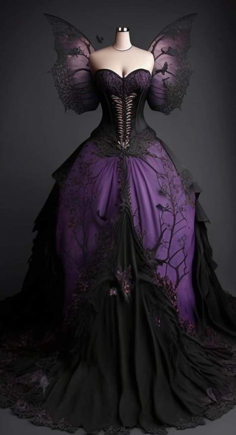 Gothic Fairy Dress, Gothic Purple Wedding Dress, Purple Masquerade Dress, Fantasy Ballgown, Gothic Ballgown, Masquerade Attire, Goth Wedding Dresses, Pretty Wings, Black Quinceanera Dresses