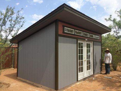 The Premier Pro Studio: a perfect home office! With a modern style, slanted roof, and plenty of windows, this Studio doesn't feel like a shed at all. Tough Shed, Shed Roof Design, Slanted Roof, Utility Sheds, Tuff Shed, Build Your Own Shed, Shed Construction, Modern Shed, Cheap Sheds