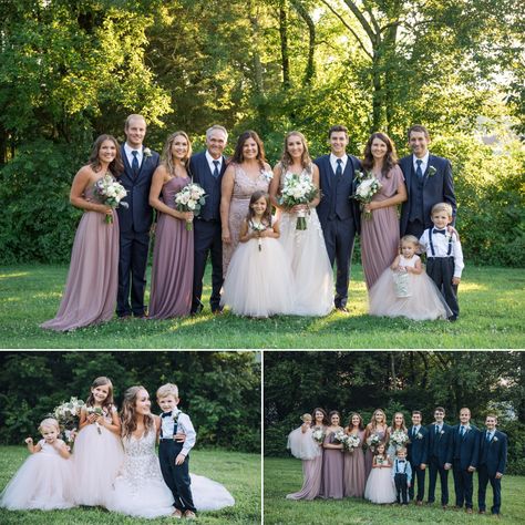 Classic summer wedding palette with navy suits, dusty purple bridesmaid dresses and blush pink flower girls. Click on the link to see more photos from their wedding day! From Rachel & Cole’s wedding at A&E Farm in College Grove, TN. Photos by Krista Lee Photography. #dustypurple #bridesmaiddresses #weddingcolors Navy Suits Purple Bridesmaids, Navy And Dusty Purple Wedding, Blush And Purple Wedding, Dusty Lavender Bridesmaid Dresses, Dusty Purple Wedding, Bridesmaid Dresses Mismatched Purple, Dusty Purple Bridesmaid Dresses, Dusty Purple Dress, Bridal Party Color Schemes