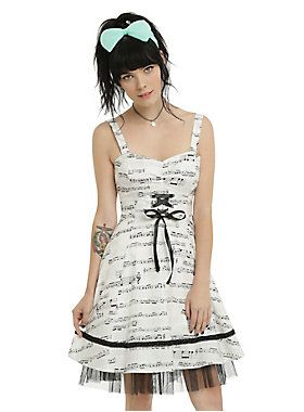 Ivory & Black Music Note Dress | Hot Topic Music Note Dress, Music Dress, Ivory Cocktail Dress, Lace Corset Dress, Fit And Flare Cocktail Dress, Hot Topic Dresses, Ivory Lace Dress, Faux Leather Dress, Black Music