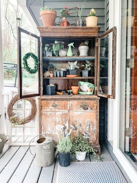 Old China Cabinet, Repurposed China Cabinet, Cabinet Upcycle, Farmhouse Thrift Store Makeovers, Potting Station, China Cabinet Makeover, Potting Benches, Potting Tables, Potting Table