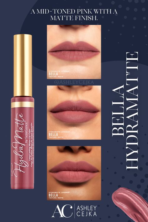 Bella HydraMatte is a staple color in a mid-toned pink with a matte finish. This lipstick is a creamy one-step, waterproof lip color that lasts up to 6 hours. Perfect for on-the-go and lip hydration. To see more visit ashleycejka.com Hydramatte Lipsense, Lipsense Gloss, Senegence Makeup, Long Lasting Lip Color, Lipsense Colors, Creamy Lipstick, Different Skin Tones, Matte Lip Color, Lip Designs