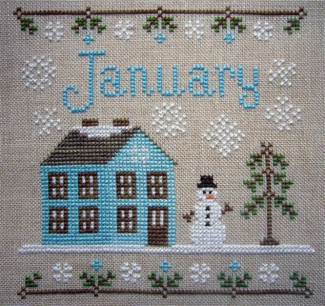 Jan220112F January Cross Stitch, Country Cottage Needleworks, Cross Stitch House, Holiday Cross Stitch, Winter Cross Stitch, Decor Shabby Chic, Cross Stitch Love, Cross Stitch Needles, Pola Kristik