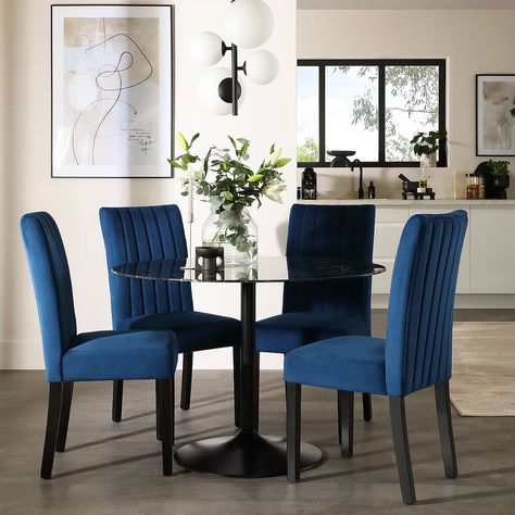 Orbit Round Dining Table & 4 Salisbury Dining Chairs, Black Marble Effect & Black Steel, Blue Classic Velvet & Black Solid Hardwood, 110cm Only £469.99 | Furniture & Choice Navy Blue Dining Chairs, Grey Bedroom Furniture Sets, Brown Corner Sofas, Black Corner Sofa, Corner Sofa Modern, Blue Velvet Chairs, Dining Table 4, Grey Bedroom Furniture, Faux Leather Sofa