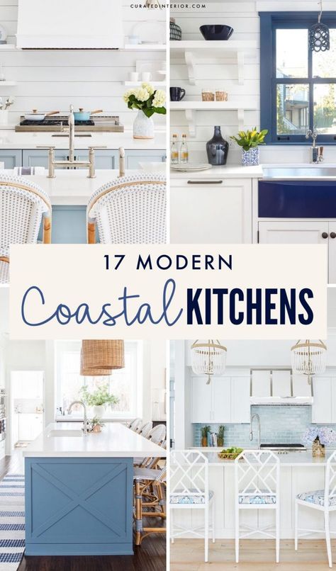 17 Coastal Kitchens & Decor Ideas for a Beach or Summer Home Kitchen Coastal Style, White Coastal Kitchen, Modern Coastal Kitchen, Coastal Kitchens, Kitchens Decor, Modern Beach Home, Blue Kitchen Island, Coastal Farmhouse Kitchen, Small Beach Houses