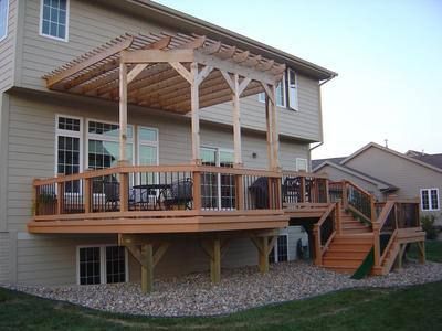 deck pergola pictures | Raised Deck with Pergola | St. Louis Decks, Screened Porches, Pergolas ... Porch With Pergola, Ombra Pergola, Pergola Decorations, Raised Bed Garden Design, Pergola Pictures, Raised Deck, Cheap Pergola, Pergola Swing, Building A Porch