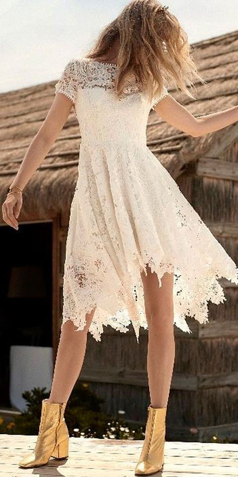 30 Bohemian Wedding Dress Ideas You Are Looking For ? bohemian wedding dress lace flowy short with sleeves illusion neckline rembostyling ? See more: http://www.weddingforward.com/bohemian-wedding-dress/ #weddingforward #wedding #bride #bohemianbride #bohemianweddingdress Short Boho Wedding Dress, Modest Shorts, Short Boho, Short Sleeve Wedding Dress, Lace Prom Dress, Bohemian Wedding Dress, Sleeve Wedding Dress, Lace Short, Short Wedding Dress