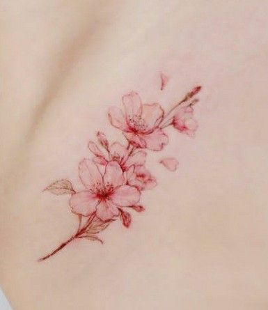 Flower With Petals Falling Tattoo, Chinese Plum Blossom Tattoo, Light Brown Tattoo, Flower Petal Tattoo, Peach Blossom Tattoo, Small Cherry Blossom Tattoo, Browning Tattoo, Sakura Tattoo, Upper Back Tattoos