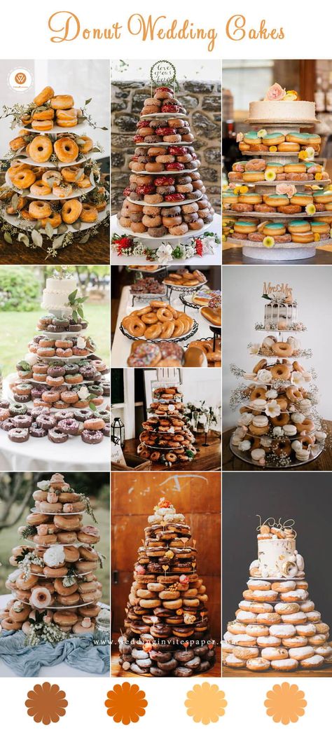 Wedding Donut Display Cake Stands, Fall Donut Wedding Cake, Donut Wedding Cake Rustic, Wedding Cake Donut Tower, Donut Grooms Cake, Donuts Wedding Cake, Donuts Display Ideas Parties, Donut Cake Stand Display, Donut Cakes Wedding