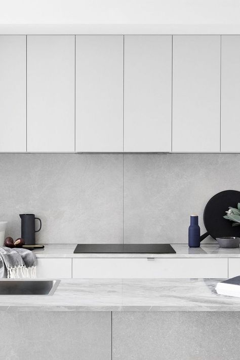 kaboodle kitchen, grey cabinets, grey design, cool tones, sleek kitchen, modern kitchen, marble look benchtop, marble benchtop. Concrete Benchtop Kitchen, Kitchen Grey Cabinets, Concrete Benchtop, Grey Splashback, Kaboodle Kitchen, Marble Benchtop, Modern Kitchen Colours, Kitchen Colours, Kitchen Grey