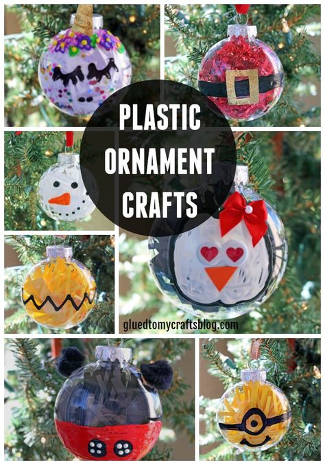 A simple and inexpensive plastic ornament turned into one-of-a-kind creation!!! Today I’ve rounded up 10 fabulous craft ideas just for YOU! With just a few easy steps and materials, they are perfect for last-minute gift giving and decorating!!! #gluedtomycrafts Recently I bought a stock-pile of plastic ornaments from my local Michael’s {they are on sale … Christmas Ornaments Clear Plastic Balls, Christmas Ornaments Plastic Balls, Homemade Plastic Ball Ornaments, Decorating Plastic Ornament Balls, Diy Plastic Ball Ornaments, Clear Ball Ornament Ideas Kids, Plastic Ball Ornament Ideas Kids, Plastic Bauble Ideas, Clear Plastic Ornaments For Kids