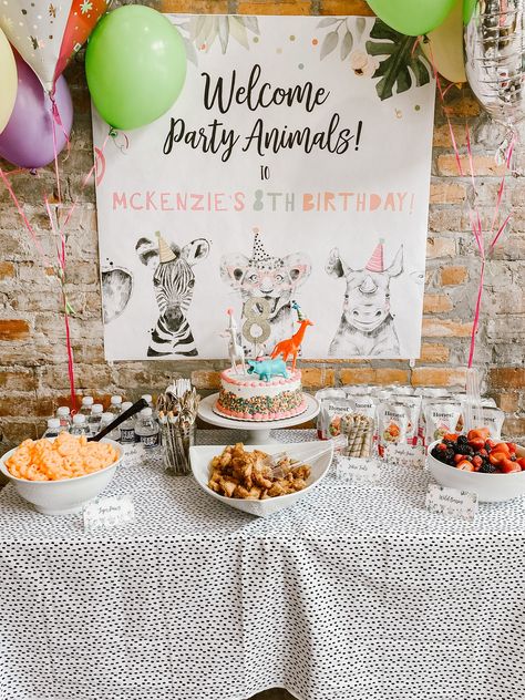 "Party Animal" theme little girl style 3 Amigos Birthday Party, You Wild And Three Birthday, Animal Themed Birthday Party Girl, Party Animal Birthday Food, Party Animal Food, 8th Birthday Party Girl Themes, Party Animal Birthday Theme Decoration, Zoo Birthday Theme, 6th Birthday Theme