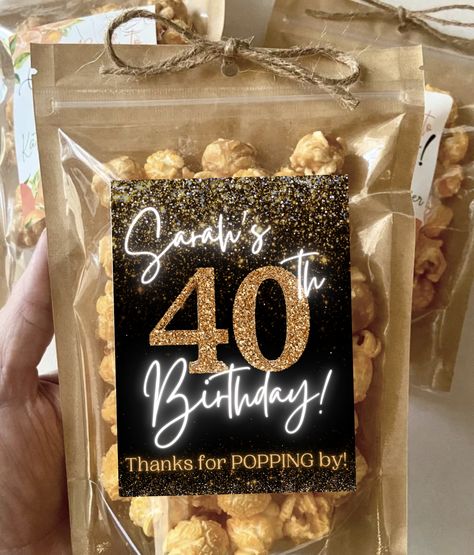 Your guests are sure to love these adorable stand-up customized popcorn bags! The bags come with a custom label already attached and pre-cut pieces of your choice of ribbon or twine. When your bags arrive, simply stuff with your favorite popcorn and pass out for all your guests to enjoy! Feel free to message me if you have any custom design requests.  PRODUCT DETAILS:  -Custom label and zip bag + ribbon/twine -Personalized 4"x3" glossy waterproof white or kraft brown labels -Standing zip pouches 45 Birthday Party Favors, 40th Birthday Party Favors Goodie Bags, 45th Birthday Party Favors, Personalized Party Favors For Adults, 40th Birthday Favors Men, Goody Bag Ideas For Adults, Liquor Party Favors, Alcohol Party Favors, Birthday Goodie Bags Ideas For Adults