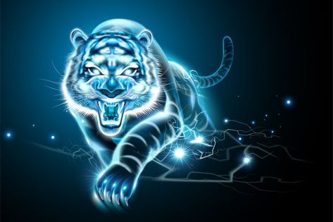 Tigre feroz com efeito relâmpago em tom ... | Premium Vector #Freepik #vector #poster #modelo #esporte #azul Lightning Effect, Beer Illustration, Tiger Poster, Vector Poster, Bubble Milk Tea, Aluminum Can, Cat Drinking, Blue Tone, White Tiger