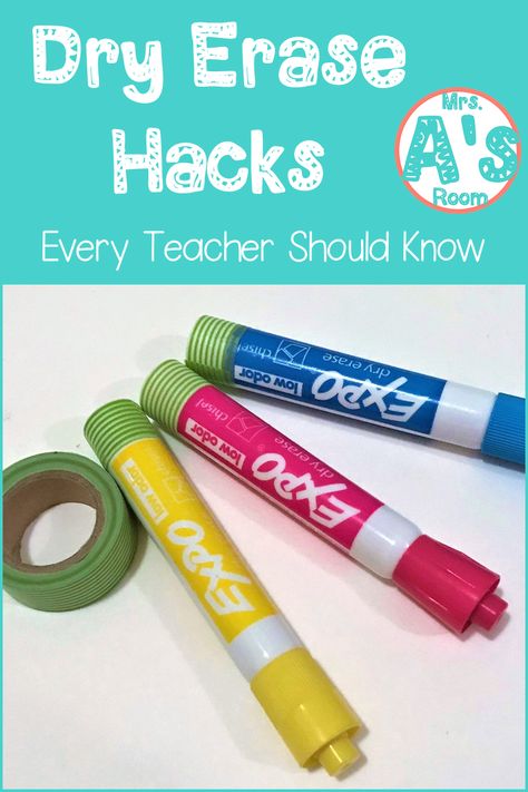 Four dry erase hacks that are easy to do and won't cost you a fortune! Dry Erase Marker Holder, Dry Erase Table, Diy Dry Erase Board, Diy Whiteboard, Expo Marker, Marker Storage, Whiteboard Eraser, Teaching Life, Classroom Supplies