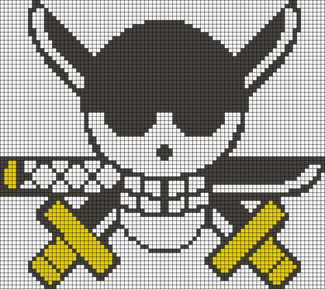 Roronoa Zoro's Jolly Roger - One Piece perler bead pattern One Piece Crochet Tapestry, One Piece Pixel Art Grid, Zoro One Piece Alpha Pattern, One Piece Cross Stitch, One Piece Cross Stitch Pattern, One Piece Alpha Pattern, Tapestry Crochet One Piece Anime, Zoro One Piece Cross Stitch, Grille Pixel Art