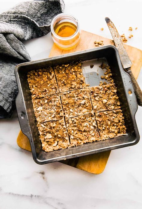 Super easy 3 Step Paleo Baklava Flavored Bars in baking square pan Paleo Baklava, Baklava Bars, Oatmeal Breakfast Bars Healthy, Paleo Bars, Bars Healthy, Oatmeal Breakfast Bars, Healthy Bars, Tapioca Starch, Simply Quinoa