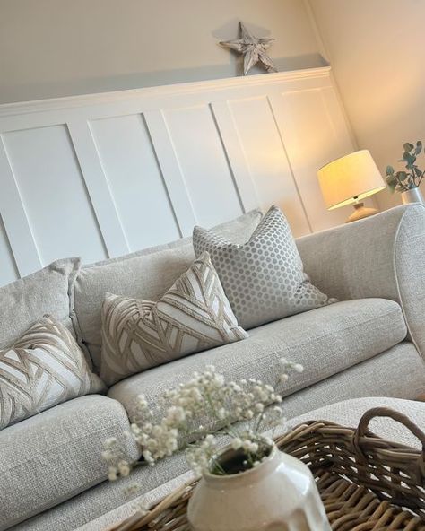 Living Room Feature Wall Panelling, Ideas For Bare Wall In Living Room, High Panelling Living Room, Modern Living Room Panelling Ideas, Paneling Behind Sofa, Neutral Living Room Panelling, Beige Panelling Living Room, Panelling Behind Sofa, Living Room Paneling Walls