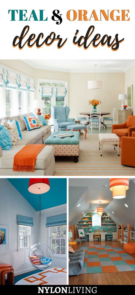 Universal Orlando’s Cabana Bay Beach Resort is decorated with an amazing teal and orange design, and I’ve been obsessed with it since we visited, so I put together a few ideas for a teal and orange decor. Bedrooms, living room, kids’ bedroom...any room can look contemporary and colorful with this colors combo! |  teal and orange living room | teal and orange bedroom | orange and teal accessories #decorideas #interiordesign - via @nylonliving Teal And Orange Living Room, Teal And Orange Bedroom, Living Room Teal, Living Room Decor Orange, Moroccan Decor Living Room, Teal Accessories, Cabana Bay Beach Resort, Turquoise Living Room Decor, Cabana Bay