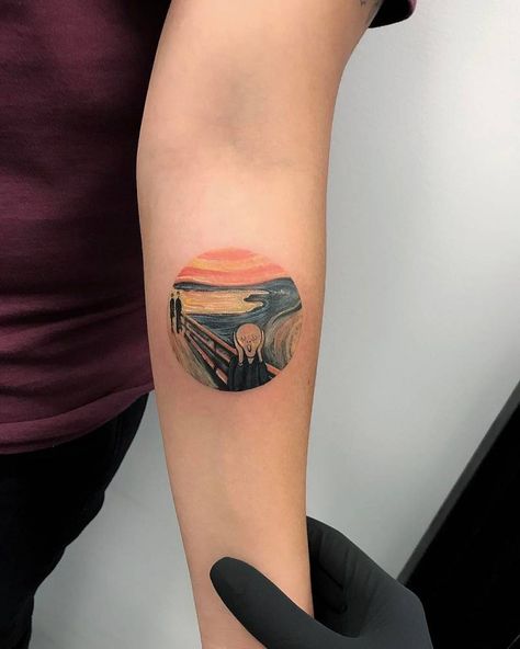 Edvard Munch's The Scream tattoo on the left inner forearm. Monet Tattoo, The Scream Edvard Munch, Scream Edvard Munch, Scream Tattoo, Dali Tattoo, Elements Tattoo, Geometric Tattoo Design, The Scream, Painting Tattoo