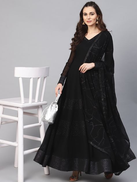 Buy Inddus Women Black Solid Anarkali Kurta With Dupatta -  - Apparel for Women from Inddus at Rs. 0 Black Pakistani Dress, Black Anarkali, Indian Dresses Online, Designer Anarkali Dresses, Gaun Fashion, Simple Black Dress, 파티 드레스, Indian Party Wear, Designer Anarkali