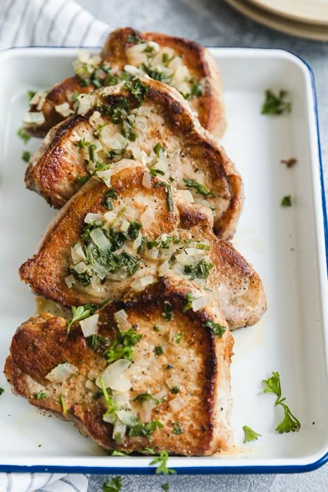 These Pork Chops with Dijon Herb Sauce are delicious!! One of the best ways to prepare pork chops in my opinion. So juicy and full of flavor! Garlic Pork Loin, Mustard Pork Chops, Easy Pork Chops, Herb Sauce, Skinny Taste Recipes, Pork Chop, Creamy Garlic, Pork Chop Recipes, Pork Dishes