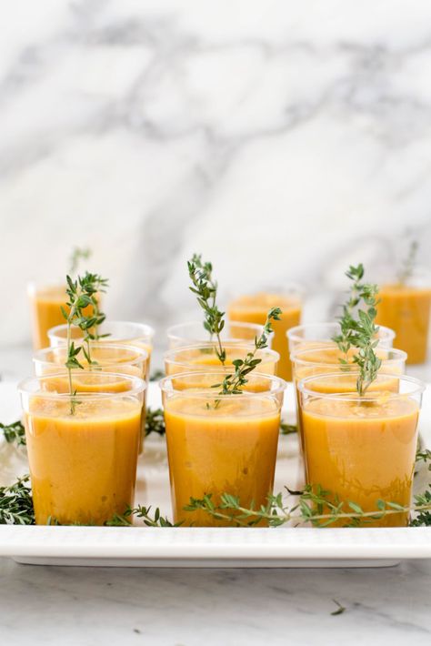 Butternut Squash Soup Shooters - West of the Loop Thanksgiving Bites, Squash Appetizers, Soup Shots, Soup Shooters, Buttercup Squash, Butternut Squash Soup Recipe, Small Bites Appetizers, Thanksgiving Appetizer Recipes, Butternut Squash Recipes Soup