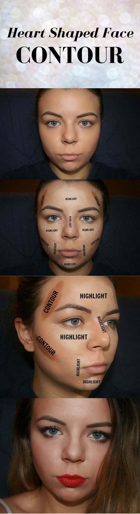 How to contour a heart shaped face! You will need a liquid foundation in your natural skin tone, a concealer a couple shades lighter than your skin tone, a foundation/concealer a couple shades darker than your skin tone, and a damp beauty blender/sponge. Focus the highlight at the center of the forehead, under the eyes, around the mouth, and chin. Focus the contour at the temples and cheekbones. Highlighting and contouring your nose is optional. Diy Makeup Kit, Diy Makeup Foundation, Diy Beauty Blender, Crunchi Makeup, Heart Shaped Face, Makeup Contour, Beauty Blender Sponge, Blender Sponge, Makeup Tutorial Foundation