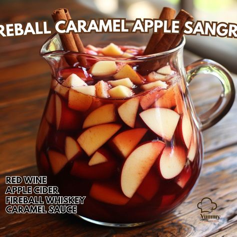 🔥🍎 Add a fiery twist to your fall with Fireball Caramel Apple Sangria – a spiced blend of caramel and Fireball whiskey! 🍂🍹 #FireballSangria #AutumnHeat Fireball Caramel Apple Sangria Ingredients: Red wine (1 bottle, 750 ml) Apple cider (1 cup) Fireball whiskey (0.5 cup) Caramel sauce (0.5 cup) Sliced apples (2) Cinnamon sticks (2) Ice (as needed) Instructions: In a pitcher, mix red wine, apple cider, Fireball whiskey, and caramel sauce. Add sliced apples and cinnamon sticks. Chill for at ... Fireball Caramel, Apple Cider Sangria Recipe, Caramel Apple Sangria, Sangria Ingredients, Apple Sangria, Apple Cider Sangria, Cozy Fall Recipes, Apples And Cinnamon, Fireball Whiskey