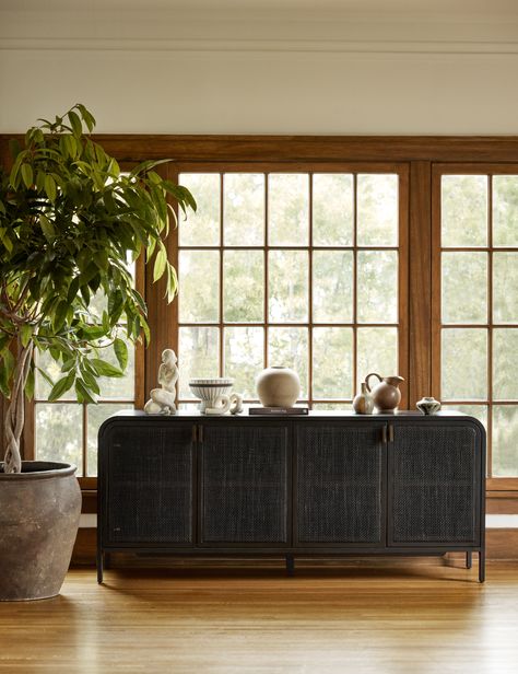 Brooke Solid Oak Sideboard With Cane Paneled Doors Curved Sideboard Buffet, Walnut Wood Decor, Under Tv Sideboard, Dark Wood Floors Decor, Sideboard In Front Of Window, Dining Room With Sideboard, Dining Room Sideboard Decor, Entryway Sideboard, Modern Foyer Design