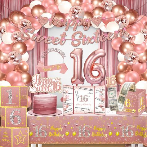 PRICES MAY VARY. Package contents: You will receive a rose gold sweet 16 birthday decoration for girls set, including 1 sweet 16 banner with light, 100 latex balloons with 3 colors 3 sizes, 16th foil balloons, 3 balloon boxes, 2 foil fringe curtains, 1 tiara, sash, cake topper, guest book, money pull box, tablecloth, and some accessories (a glue dot, balloon chain, line, straw) Easy to assemble: The sweet 16 decorations are easy to assemble, our sweet 16 balloons are rich and enough, we deliver Sweet 16 Sleepover Ideas, Sweet 16 Decorations Ideas, Pink And Gold Sweet 16, 16 Birthday Decorations, Sweet 16 Sleepover, 16 Party Decorations, Sweet 16 Ideas, Sweet Sixteen Themes, Foil Fringe Curtain