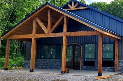 Navy Metal House, Metal Building With Wood Accents, Navy Barndominium Exterior, Blue Barndominium, Dark Blue Barndominium, Blue Barndominium Exterior, Slate Blue Barndominium Exterior, Charcoal Gray Barndominium Exterior, Burnished Slate Barndominium Exterior