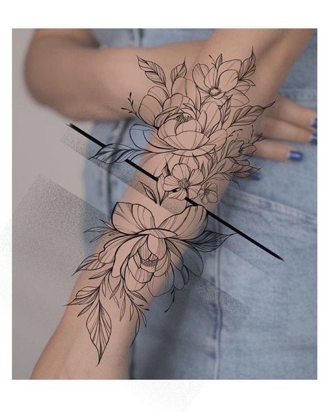 Flowers Hand Tattoo Women, Flower Band Tattoo Design For Women, Flower Tattoos Vine, Flower Tattoo Designs Sketches, Floral Sleeve Tattoo Black And White, Forearm Flower Tattoo Women, Floral Band Tattoo Design, Tattoo Flowers Arm, Floral Band Tattoo