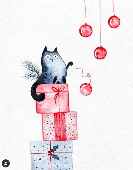 Animal Christmas Cards Handmade, Crismas Cards Ideas, Crismas Cards, Crismas Drawings Ideas, Christmas Card Art, Watercolor Christmas Cards, Watercolor Cat, Happy Paintings, Diy Christmas Cards