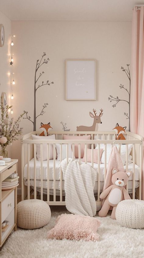 21 Enchanted Forest Nursery Ideas For Magical Vibes Plum Nursery Girl, Nursery Garden Theme, Girl Themed Nursery, Fairytale Nursery Theme, Forest Nursery Ideas, Girls Woodland Nursery, Woodland Baby Girl Nursery, Forest Themes, Whimsical Lighting