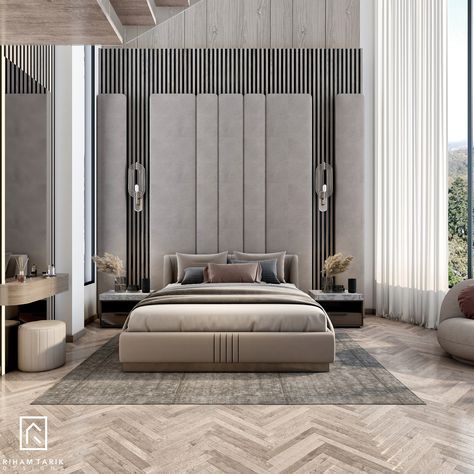 QA | MODERN MASTER BEDROOM , MEZZANINE AND DRESSING :: Behance Hotel Room Design Bedrooms, Ultra Modern Bedroom, Wall Panel Design, Wall Panels Bedroom, Bedroom Wall Designs, Hotel Room Design, Ceiling Design Bedroom, Bedroom Decor Design, Bedroom Bed Design