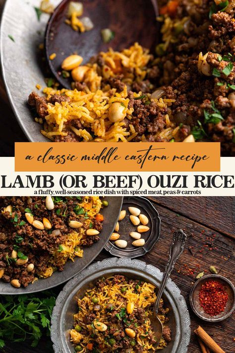 If you enjoy cooking Middle Eastern recipes, you'll love Lamb Ouzi Rice! It's a beautifully-spiced fluffy rice pilaf with peas, carrots, lamb (or beef), and toasted buttery nuts. Like a lot of Arabic food, it's healthy, flavorful, and impressive enough for guests - but you'll be surprised at how easy it is to make! Ground Lamb Indian Recipes, Ground Lamb And Rice Recipes, Lamb Fried Rice, Arabic Lamb Recipes, Lamb Chunks Recipes, Ouzi Recipe, Ground Lamb Recipes Easy, Ouzi Rice, Lamb And Rice