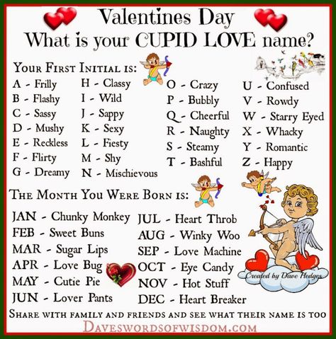 What is your cupid #love name? Mine is rowdy winky woo!  Doesn't sound too romantic to me!! Traditional Girl Names, Funny Name Generator, Marine Parents, Valentine Name, Snapchat Names, Valentines Games, Cupid Love, Secret Lovers, Party Names