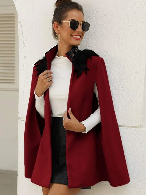 Contrast Feather Cape Coat | SHEIN USA Red Cape Coat, Cape Outfit, Feather Cape, Red Cape, Elegant Coats, Diy Fashion Hacks, Drawing Anime Clothes, Women Overcoat, Cape Coat