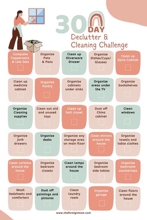 30-Day Decluttering & Cleaning Schedule. 30 days with different tasks to get organized. 30 Day Declutter, Household Cleaning Schedule, Daily Cleaning Schedule, Spring Organization, Daily Schedule Printable, Spring Cleaning Challenge, Medicine Cabinet Organization, Living Room Cleaning, Deep Cleaning House