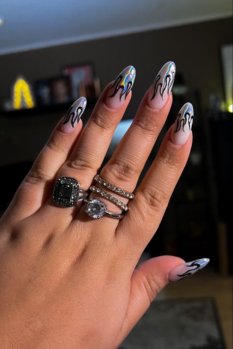 Chrome Flame Nails Designs, Drake Nails Art, Nails Motorcycle, Silver Flame Nails, Chrome Flame Nails, Motorcycle Nails, Megan Nails, Drake Nails, Nail Art Almond Shape