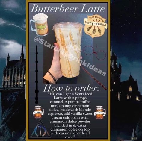 Starbucks Lattes, Butterbeer Latte, Coffee Orders, Homemade Frappuccino, Secret Starbucks Recipes, Kid Friendly Drinks, Iced Starbucks Drinks, Secret Starbucks Drinks, Toffee Nut