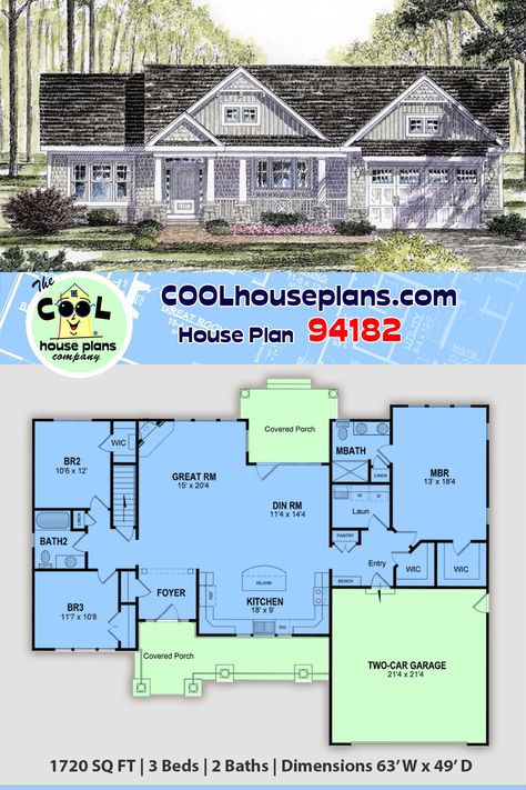 One look at this country style ranch house floor plan and you will understand why it is our number 1 best-selling one-story home design. A 3-bedroom, 2-bathroom, home floor plan with an open layout and a split bedroom design. The layout has the kitchen at the front of the house. Two car garage and covered entrances front, and back are welcoming. Stone column bases, decorative trim in the gables, shingle/vertical siding. Available on a basement foundation. #houseplans #homeplans One Story Split Bedroom Floorplans, 3 Bedroom House Plan With Garage, 2 Bed 2 Bath 2 Car Garage House Plans, Kitchen In Front Of House Floor Plans, Ranch House Plans 3 Bedroom, 3 Bed 2.5 Bath Floor Plans Single Story, 3 Bedroom 2 Bath House Plans Open Floor With Garage, House Plan With Kitchen In Front Layout, 3 Bed 2 Bath Floor Plans With Garage