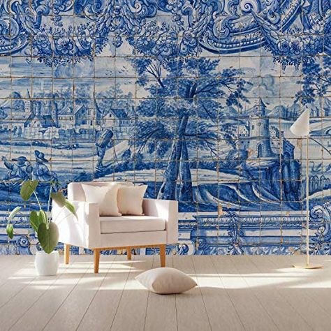 Chinoiserie Wallpaper Blue, Blue Mural, Chinese Home Decor, Chinoiserie Mural, Blue Tile Wall, Chinese Home, Living Room Themes, Blue Chinoiserie, Blue Tile