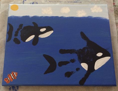 Dolphin Handprint Craft, Sea Animals Handprint Art, Under The Sea Handprint Crafts, Hand Print Sea Animals, Whale Handprint Craft, Handprint Sea Animals, Sea Creature Handprint Art, Whale Footprint Art, Under The Sea Handprint Art