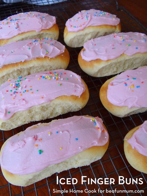 Iced Finger Buns Recipe Iced Finger Buns, Iced Buns Recipe, Iced Fingers, Cream Buns Recipe, Finger Buns, Cream Buns, Iced Buns, Cream Bun, Thermomix Baking