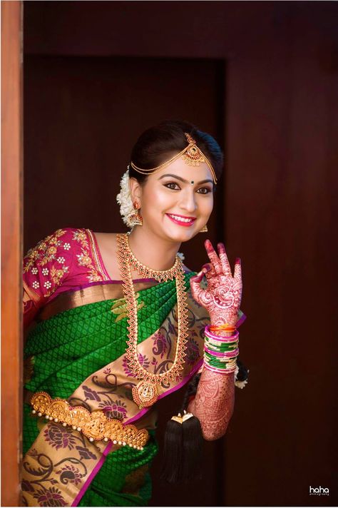 Bridal Stills, Saree Ceremony, Saree Function, Indian Bride Poses, Half Saree Function, Indian Bride Photography Poses, Indian Bride Makeup, Indian Wedding Poses, Bride Photos Poses