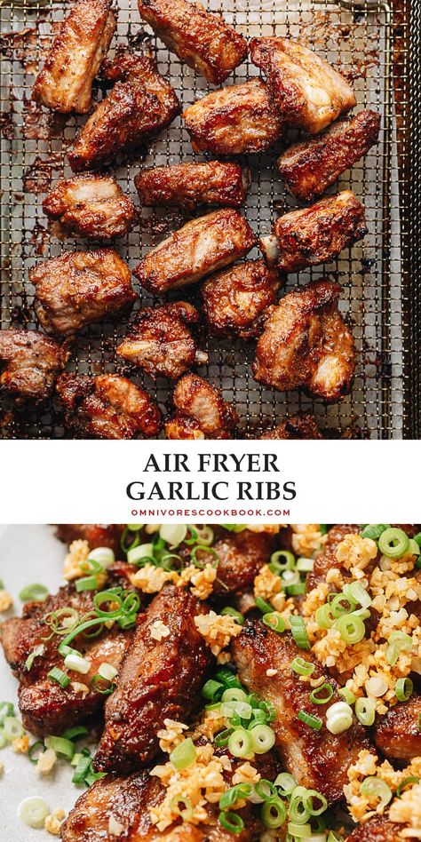 Sharing a super easy and addictive air fryer ribs recipe that is inspired by Chinese fried garlic ribs. The ribs are juicy, tender, very flavorful, coated with a crispy crust and finished up with crispy garlic bits. If you are looking to enjoy ribs without guilt, you should make this air fryer version for a delicious and healthy meal with wholesome ingredients. {Gluten-Free Adaptable} Airfryer Pork Ribs Recipes, Air Fried Ribs Recipe, Air Fryer Dry Ribs, Dry Fried Ribs Chinese, Pork Short Ribs In Air Fryer, Asian Riblets Recipe, Air Fryer Dry Garlic Ribs, Healthy Ribs Recipe, Riblets Recipe Air Fryer