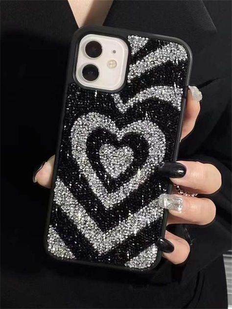 Black  Collar  TPU Geometric Ordinary Mobile Phone Case Embellished   Cases Bedazzled Phone Case Ideas, Bedazzled Phone Case, Y2k Phone Case, Bling Ideas, Phone Covers Diy, Handmade Phone Case, Quick Crafts, Art And Craft Videos, Mobile Cover