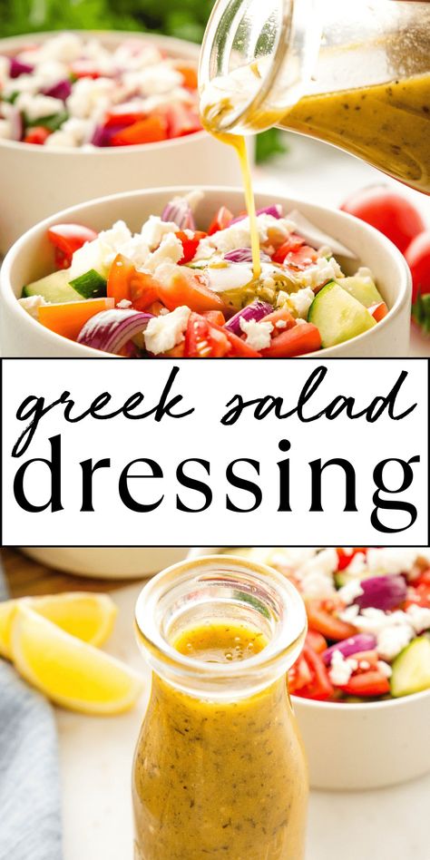 This Greek Salad Dressing recipe is the BEST easy Greek dressing. Made with basic ingredients, this Greek-style vinaigrette is easy to make in minutes and it's perfect on salads, for serving on grilled veggies, and even used as a marinade for grilled meats. Recipe from thebusybaker.ca! #greeksaladdressing #greekdressing #greeksalad #greekrecipe #saladdressing #dressing #saladdressingrecipe via @busybakerblog Home Made Greek Dressing Salad, Greek Dressing Recipe Vinaigrette, Best Greek Salad Dressing, Meats Recipe, Greek Vinaigrette Dressing, Greek Dressing Recipe, Greek Salad Dressing Recipe, Greek Salad Ingredients, Greek Vinaigrette